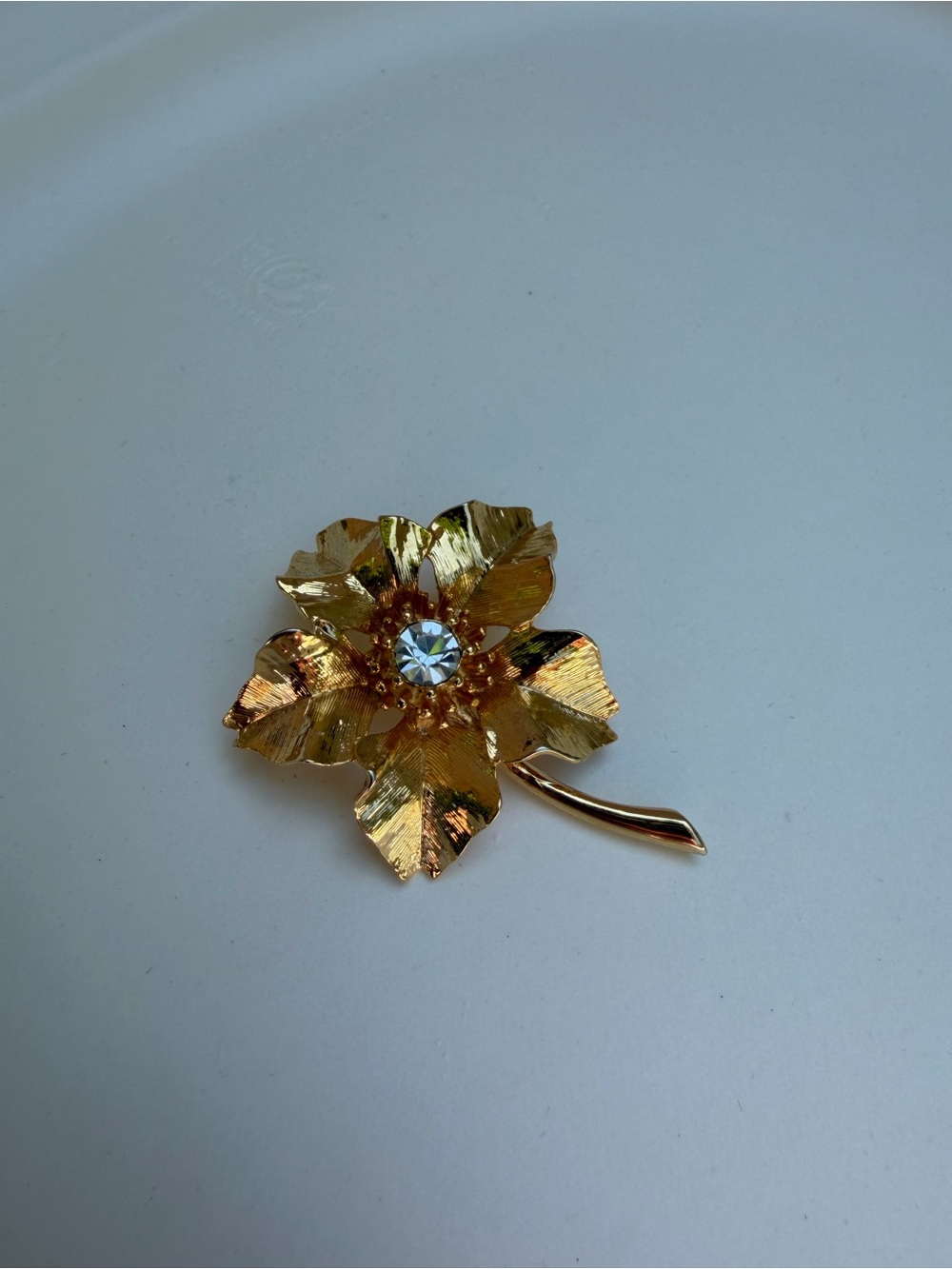 Gold Flower Brooch with Clear Crystal Center - New View